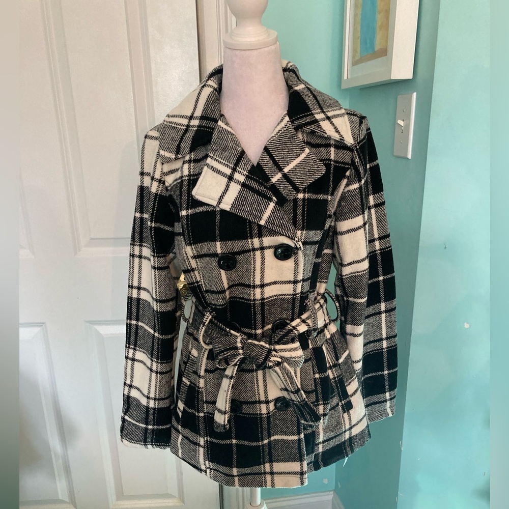 Chic Black and White Plaid Pea Coat